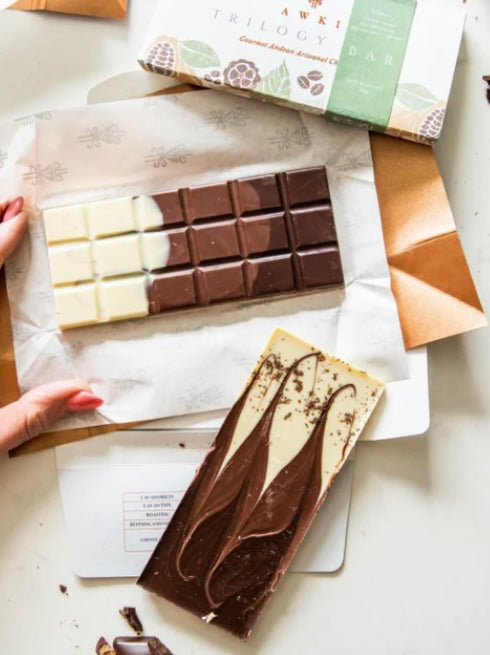 AWKI Trilogy bar: dark, dark milk, white+coffee nibs