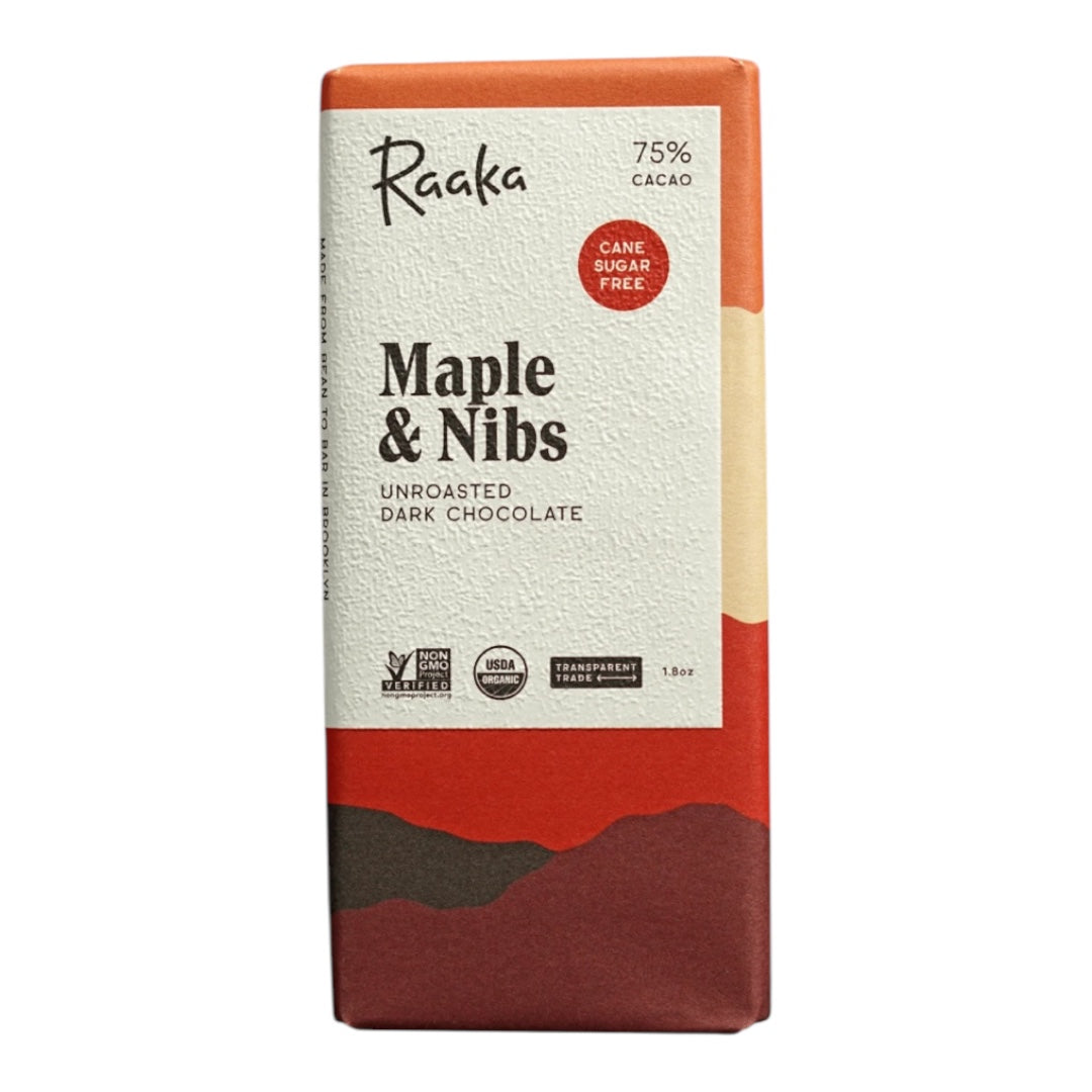 Raaka 75% vegan/raw Maple & Nibs