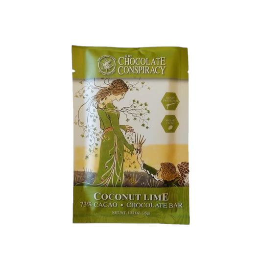 Chocolate Conspiracy 73% coconut lime, raw cacao & honey sweetened PERU