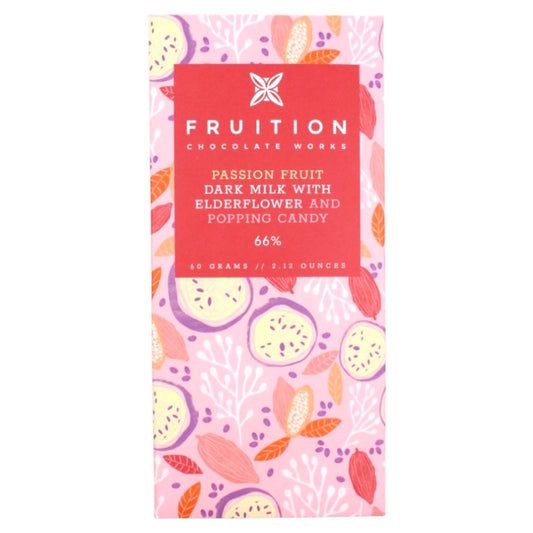 Fruition Chocolate Works, 66% Dark Milk, Passion Fruit with Elderflower and Popping Candy