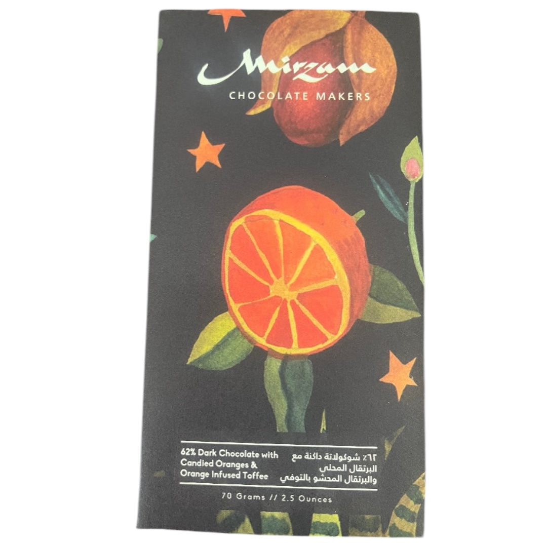 Mirzam: 62% dark chocolate with candied oranges and orange infused toffee