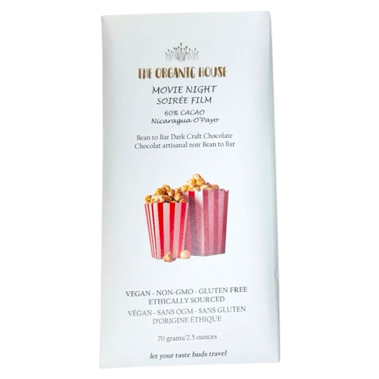 Organic House Movie Night Bar 60% dark, vegan, dairy free, naturally sweetened, O'Payo Nicaragua