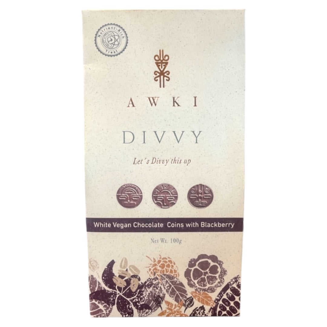 AWKI Divvy White Vegan Chocolate Coins with Blackberries, Ecuador