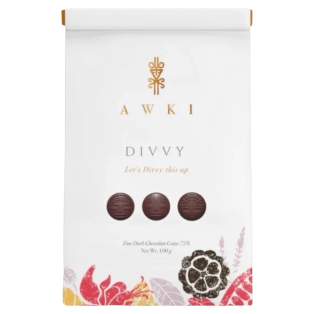 AWKI Divvy white vegan chocolate coins with special coffee, Ecuador