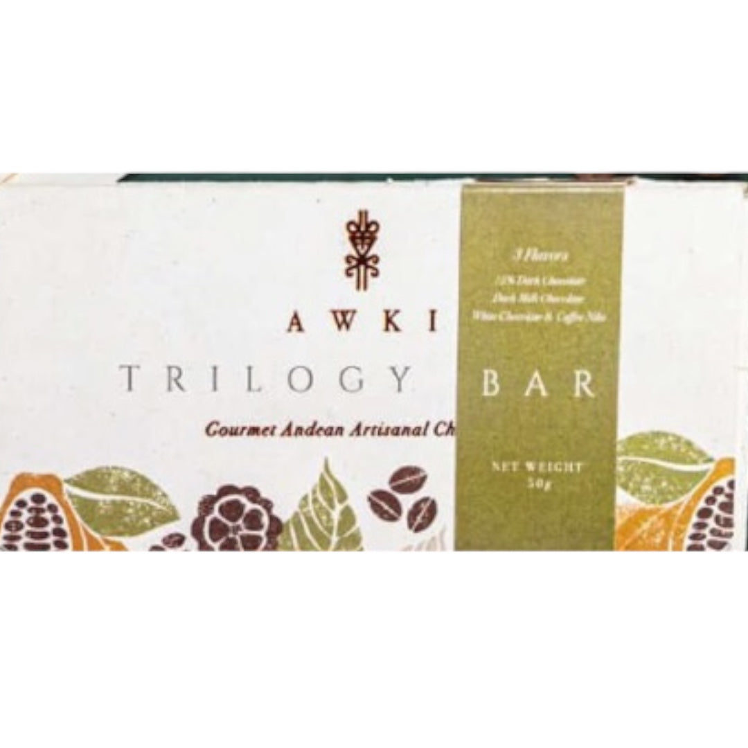 AWKI Trilogy bar: dark, dark milk, white+coffee nibs