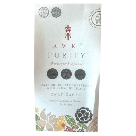 AWKI Purity: only cacao, sweetened with cacao pulp, Ecuador