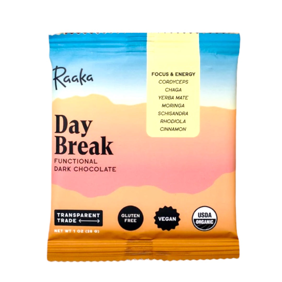 Raaka Day Break, functional dark chocolate infused with seven adaptogenic herbs, and functional mushrooms