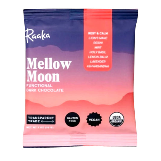 Raaka Mellow Moon, functional dark chocolate infused with seven adaptogenic herbs, and functional mushrooms