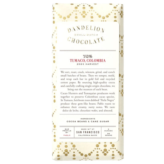 2026 Fall Dandelion Chocolate 70% Columbia. Tumaco Dark Chocolate