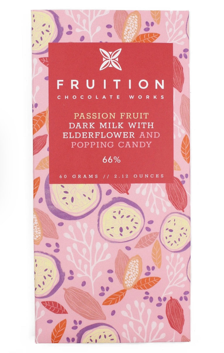 2024 NEW Fruition Chocolate Works, 66% Dark Milk, Passion Fruit with Elderflower and Popping Candy