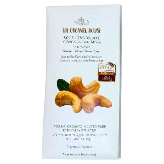 Organic House Maya Mountain Milk 55%, cashew milk, naturally sweetened & gluten & dairy free
